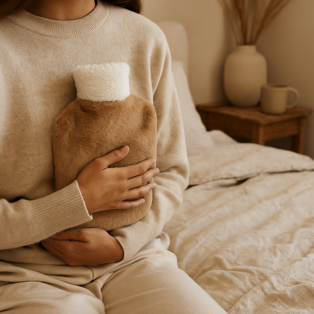 Femme avec bouillotte à eau housse dans les bras