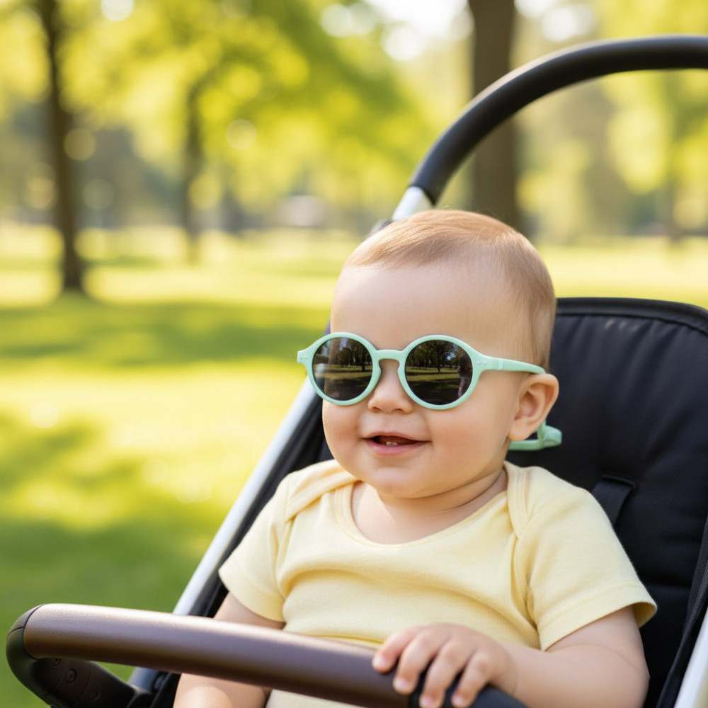 Lunettes de soleil bébé rondes vert menthe avec étui