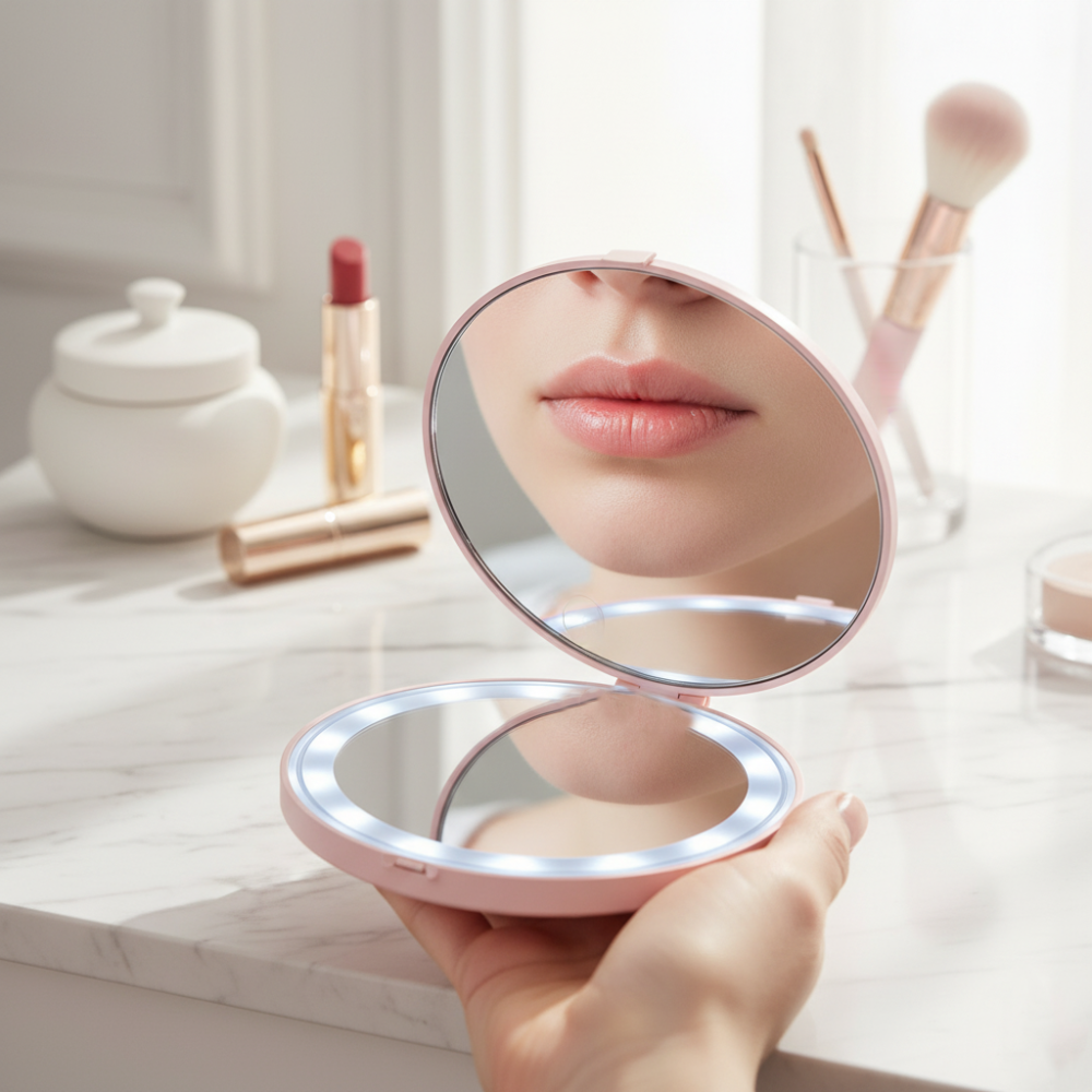 pink pocket lighted mirror 5x magnification