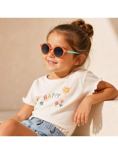 lunettes enfant rondes orange branches turquoise confort extérieur