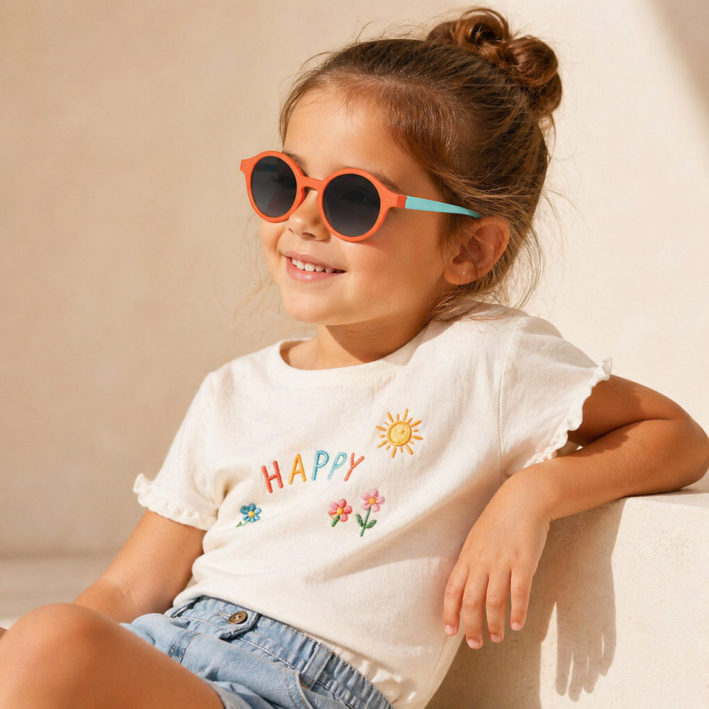 lunettes enfant rondes orange branches turquoise confort extérieur