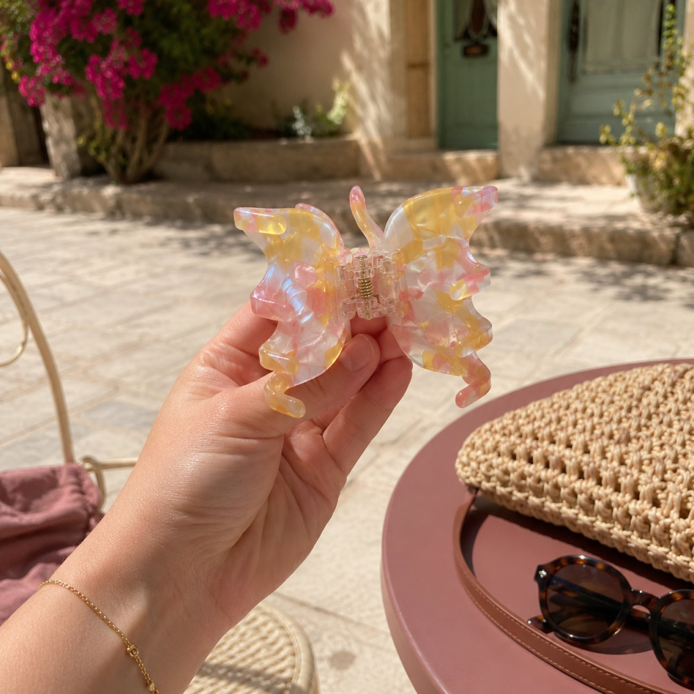 Women's butterfly hair clip pink marbled
