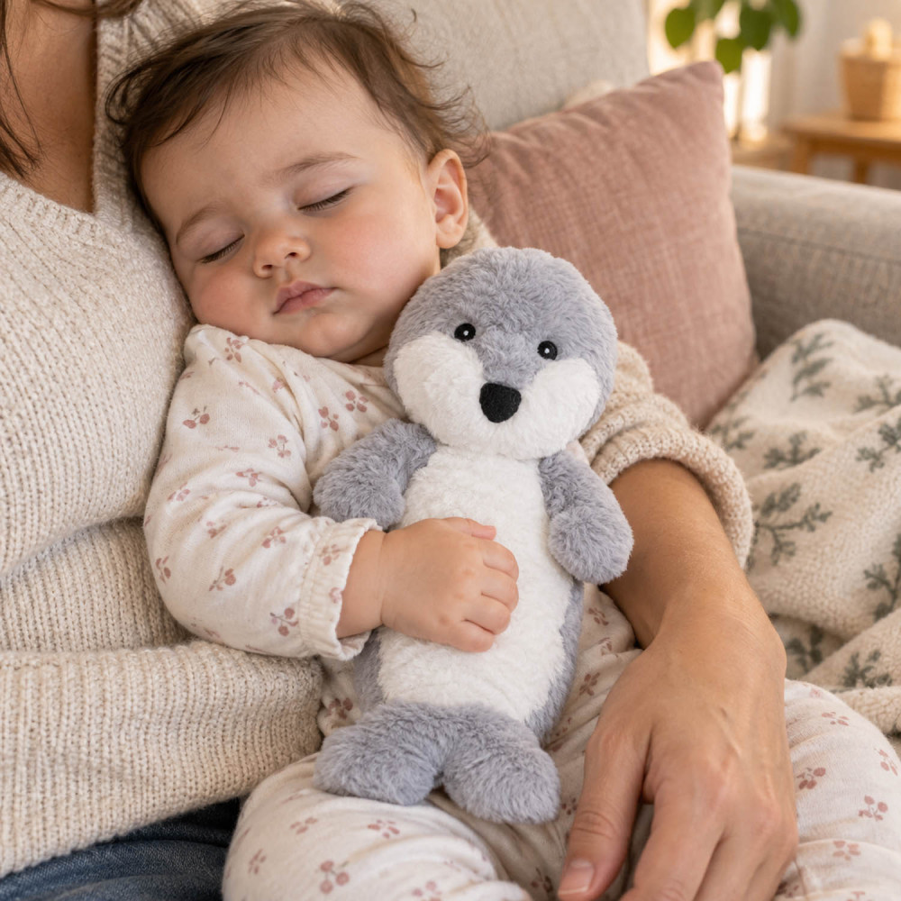 Peluche loutre grise et blanche lavable à 30 °C