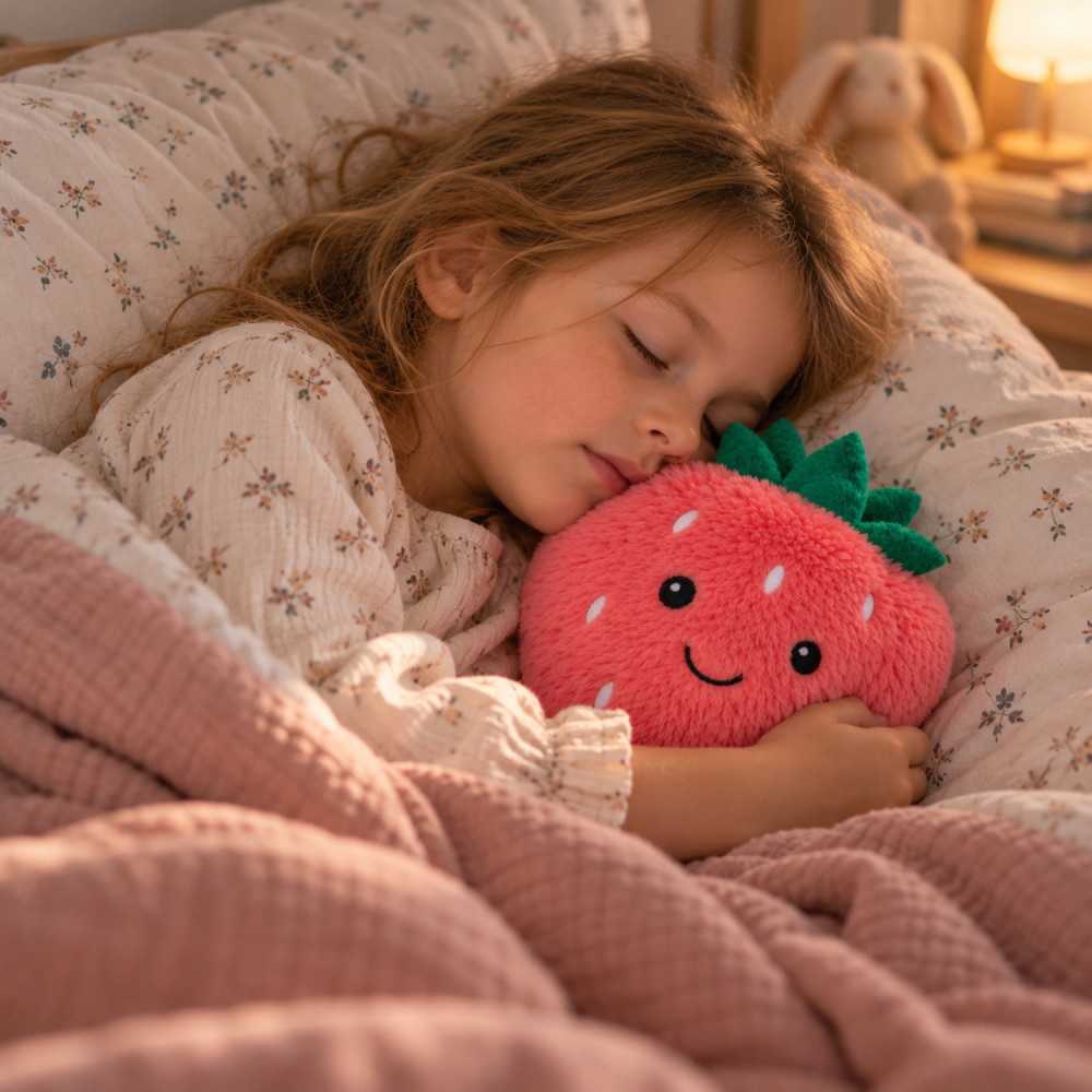 Peluche fraise rose 100 % polyester lavable à 30 °C